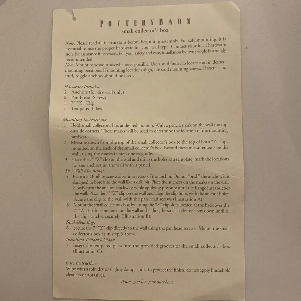 Pottery Barn Small Collector’s Box White Glass 16x12 Display Case Shadowbox